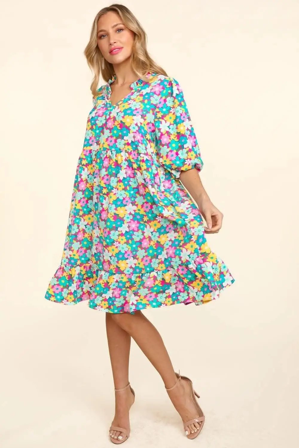 Haptics Bubble Sleeve Floral Ruffled Dress for Effortless Charm - Love Salve